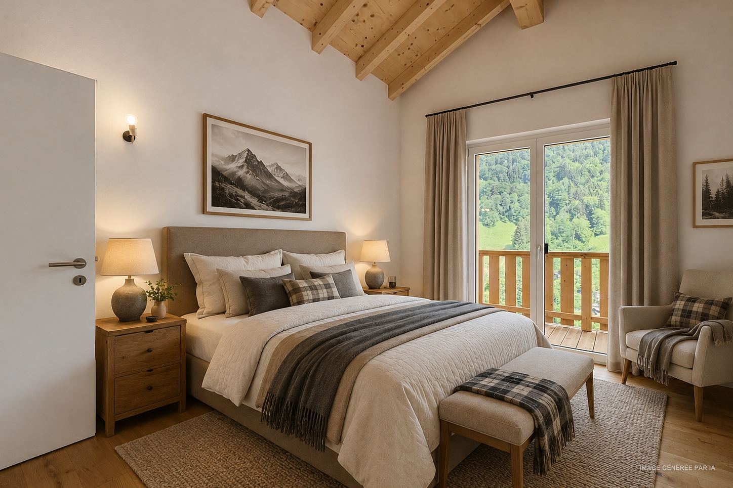 Projection générée par IA : chambre meublée avec lit, plaid, tableau, porte-fenêtre sur le balcon.