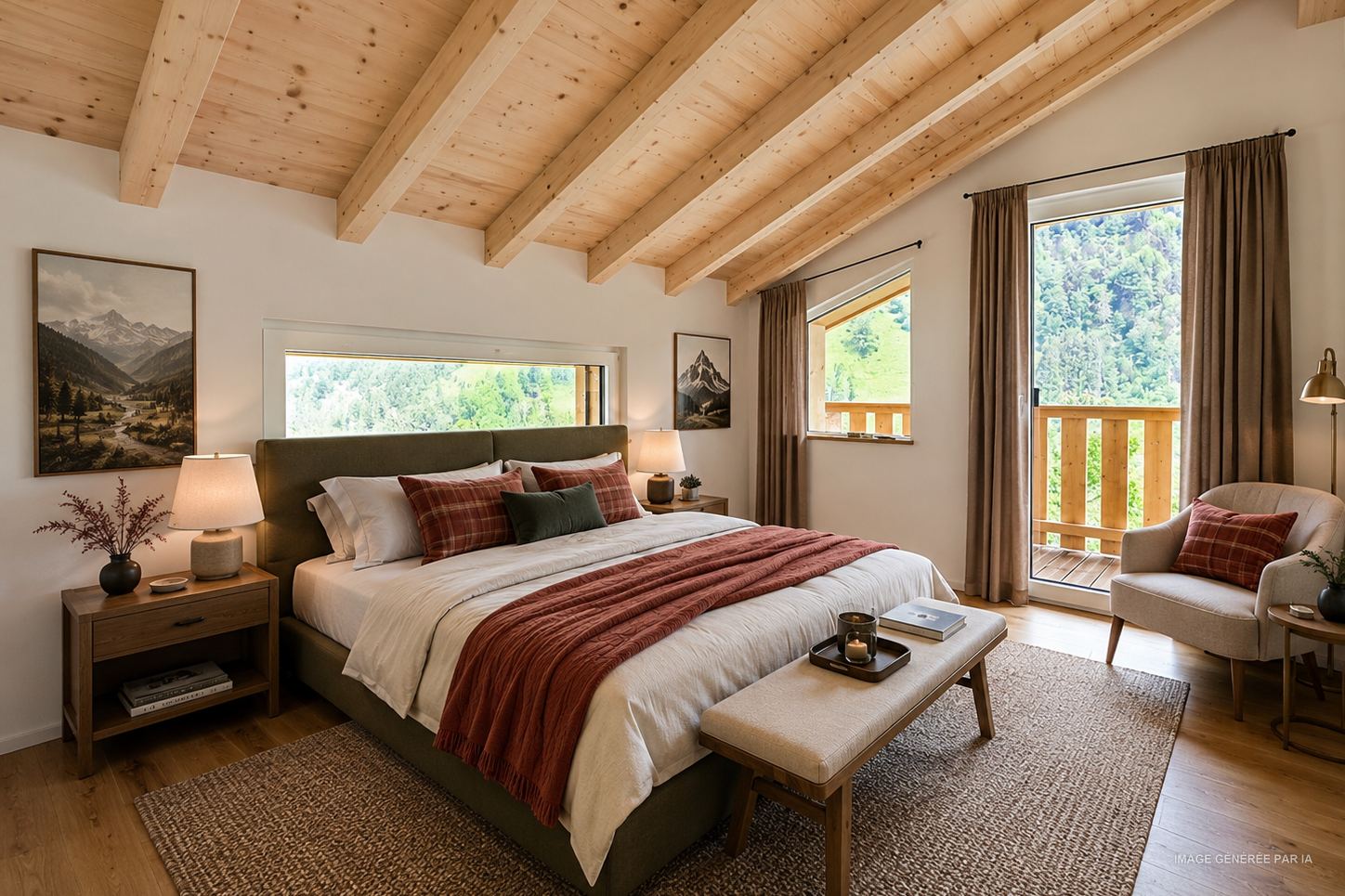 Projection générée par IA : troisième chambre meublée, lit avec couvre-lit coloré, fenêtre sous le toit et porte-fenêtre.