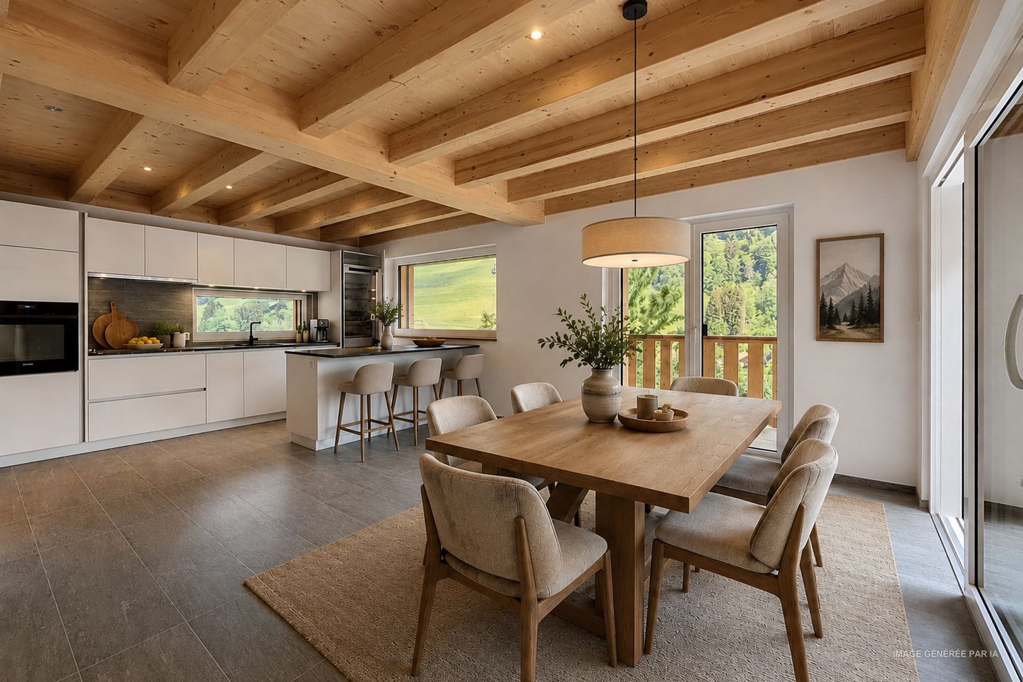 Projection générée par IA : le coin repas meublé, table en bois et chaises, cuisine ouverte en arrière-plan.