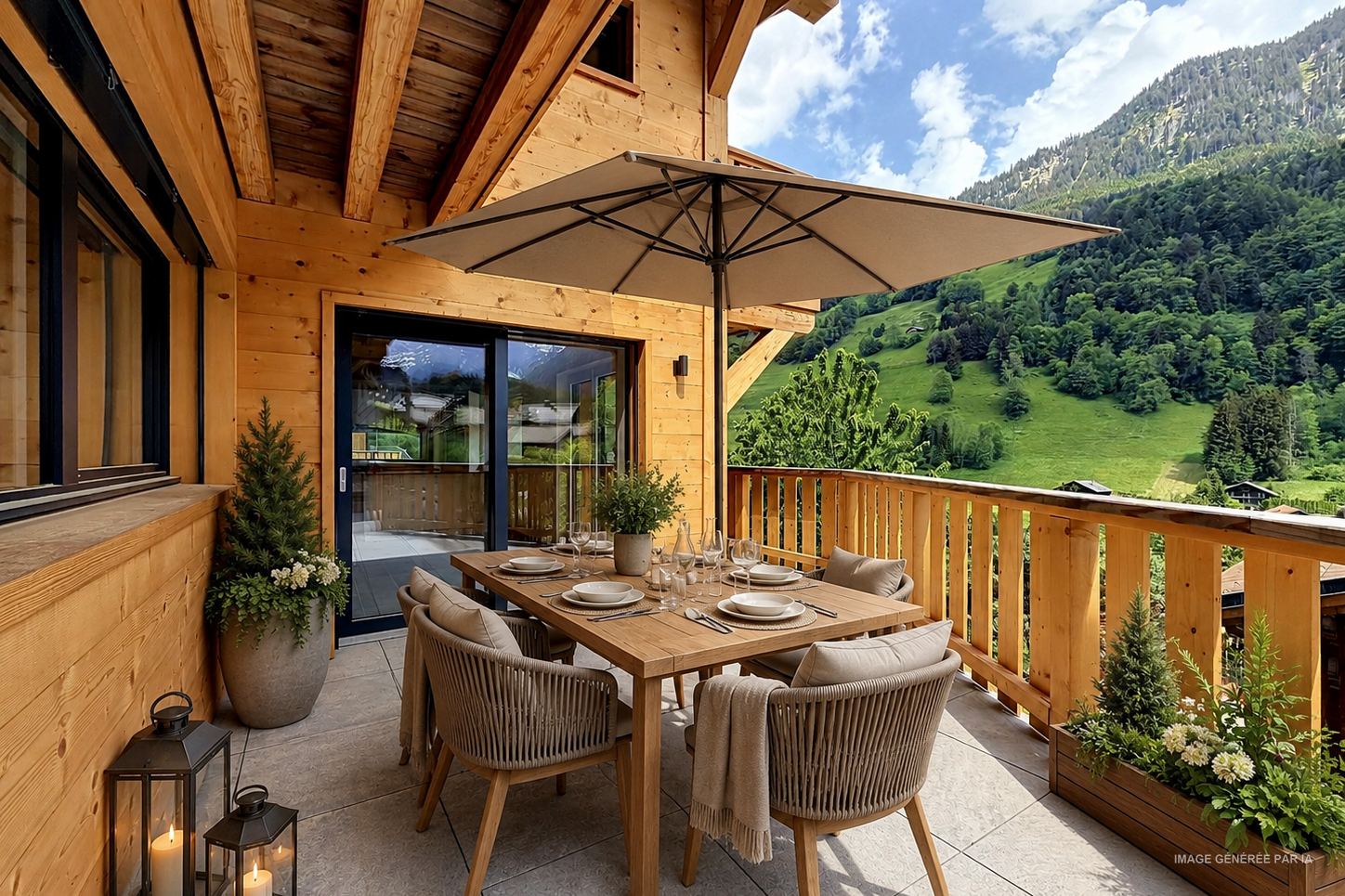 Projection générée par IA : la terrasse avec table, chaises et parasol, vallée verte derrière la balustrade.